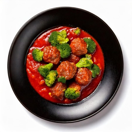 Albóndigas de ternera en salsa de tomate con brócoli