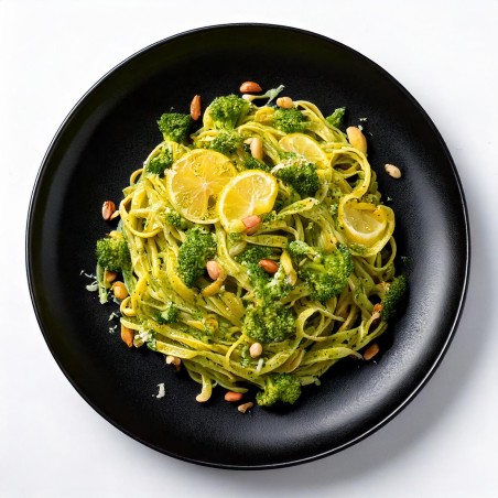 Pasta con pesto de brócoli con avellanas tostadas y limón