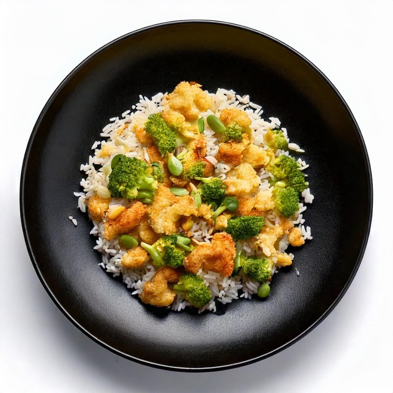 Arroz con crocante de brócoli, coliflor y semillas