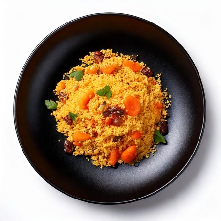 Cous cous con comino, pasas, semillas y zanahoria salteados