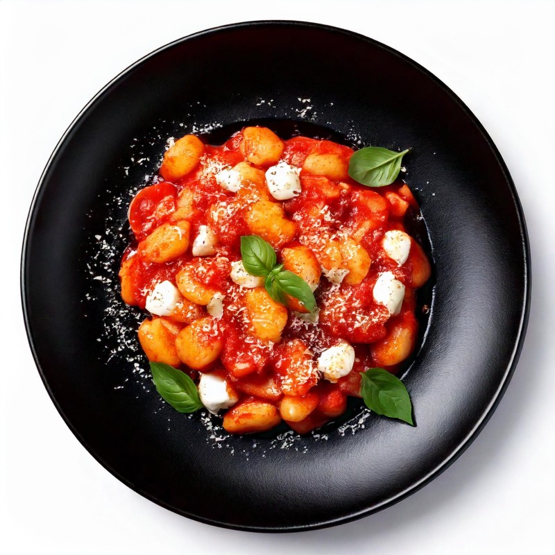 Gnocchi con salsa de tomate, mozzarella y albahaca