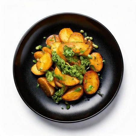 Patatas en salsa de pesto con judias