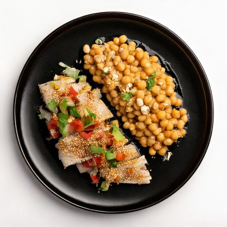 Ceviche de garbanzos y merluza con salsa de soja y sésamo