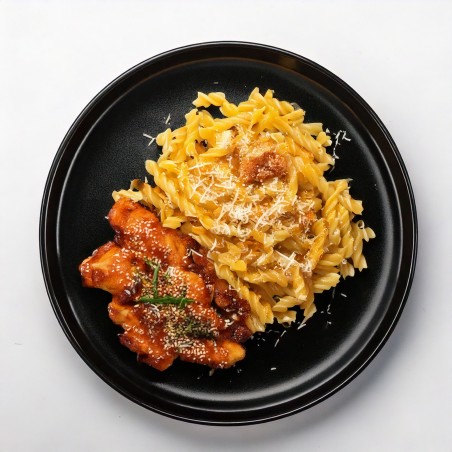 Pasta gratinada con pollo teriyaki